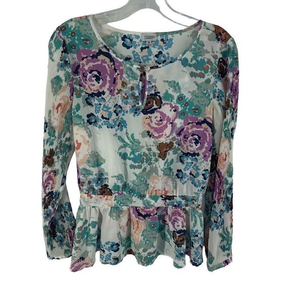 Charming Charlie Women's Floral Top Blouse Long Sleeve Peplum Multicolor Medium - Picture 7 of 16